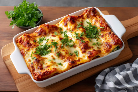 Baked Italian lasagna with rich tomato sauce, melted cheese, and green parsley on a wooden boardの素材