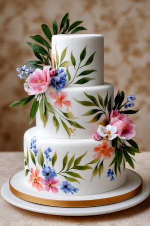 Elegant wedding cake decorated with hand-painted watercolor flowers and fresh sugar leavesの素材