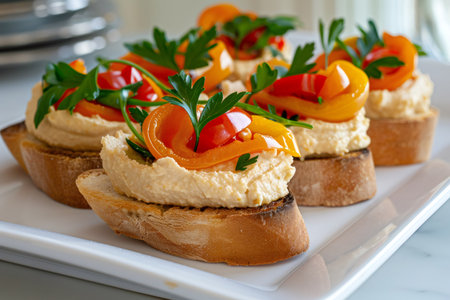 Hummus crostini with colorful bell pepper and fresh parsley leaves on a white serving platterの素材