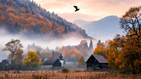 Autumn village with rustic houses and a church steeple in a foggy mountain valley at sunriseの素材