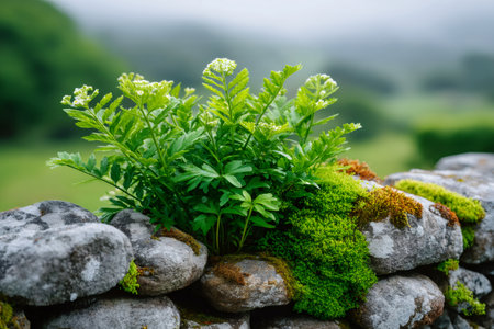 Plants and moss thriving on a weathered dry stone wall in a misty countrysideの素材