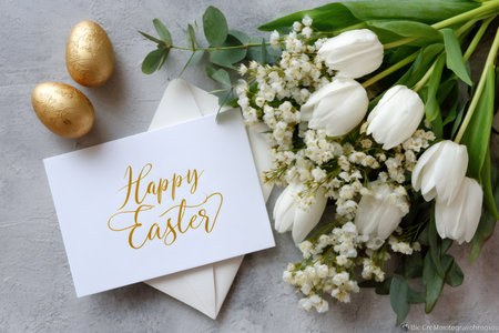 Happy Easter card with envelope, golden eggs, and white tulips on a gray backgroundの素材