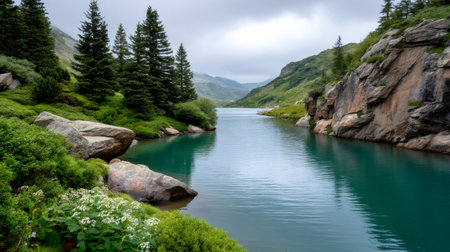 Serene mountain lake surrounded by green alpine landscape and granite rocks on an overcast dayの素材
