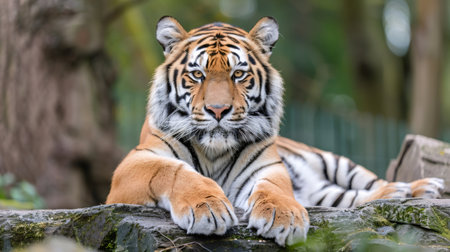 Tiger resting on a rock, observing its surroundings with a powerful gazeの素材