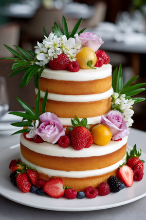 Naked cake standing on a white plate, adorned with vibrant berries, delicate flowers and greeneryの素材