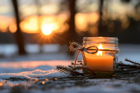 Candle glowing in a mason jar providing warmth against cold winter snow during sunsetの素材