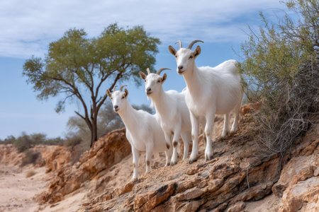 Three domestic goats standing together on a rocky slope under a clear blue skyの素材