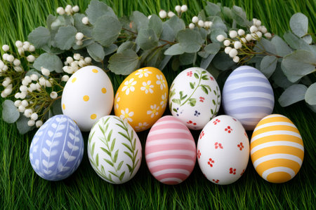 Painted Easter eggs with eucalyptus branches resting on green grassの素材