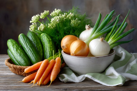 Assortment of fresh garden vegetables arranged for preparing a healthy mealの素材