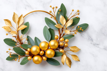 Elegant decorative hoop with gold ornaments and green leaves on a white marble backgroundの素材