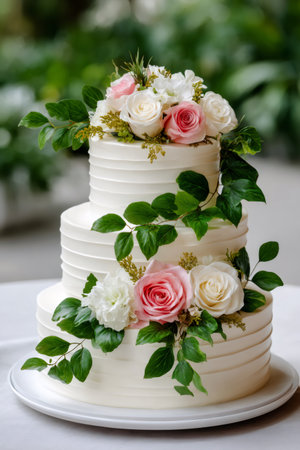 Elegant wedding cake celebrating a joyful marriage ceremony and sweet loveの素材