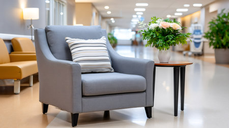 Comfortable gray armchair with striped pillow in a bright hospital or clinic waiting roomの素材