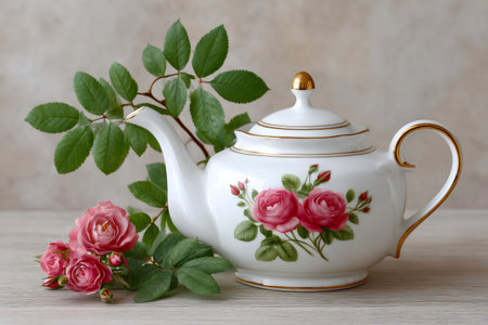 White porcelain teapot decorated with blooming pink roses and green leaves for tea timeの素材