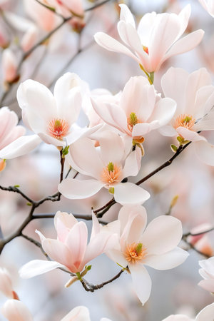 Magnolia tree branches displaying delicate pale pink and white flowers during spring bloomの素材