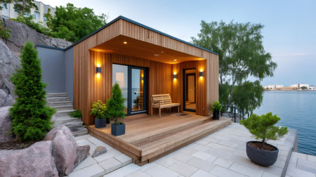 Contemporary wooden house exterior with deck and lighting enjoying a serene lake viewの素材