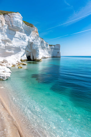 White chalk cliffs rising above a tranquil beach with sparkling turquoise water under a clear blue skyの素材