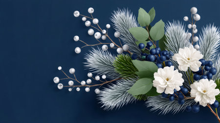 Winter floral arrangement featuring white berries, blue berries, white flowers, eucalyptus, and pine sprigsの素材