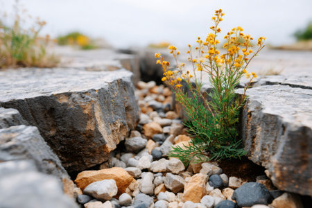 Yellow flowering plant emerging from a crack between limestone rocks with small pebblesの素材