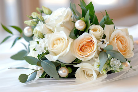 Wedding bouquet featuring white and peach roses, green foliage, and white pearl accentsの素材