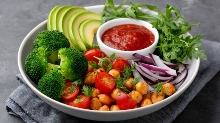 Buddha bowl serving vegan salad with fresh vegetables and source for balanced eatingの素材