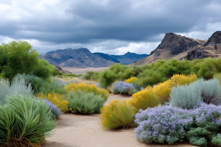 Desert vegetation featuring colorful wildflowers and bushes against a backdrop of mountains and a cloudy skyの素材