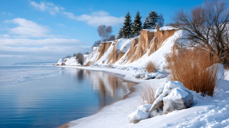 Water reflecting blue sky, featuring snow-covered sandy cliffs along a winter beachの素材
