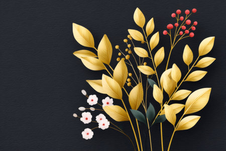 Golden leaves and red berries forming a botanical border on a dark textured backgroundの素材