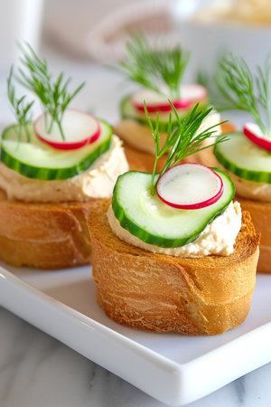 Appetizer crostinis topped with creamy hummus, cucumber, radish, and fresh dill on a white plateの素材