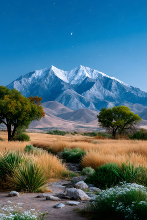 Desert path leading towards tall snow-capped mountains under a clear starry night skyの素材