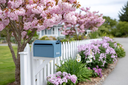 Blue mailbox on a white picket fence with pink cherry blossoms and spring flowersの素材
