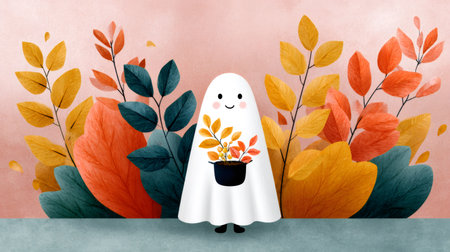 Happy ghost character standing with a potted fall foliage plant among colorful autumn leavesの素材