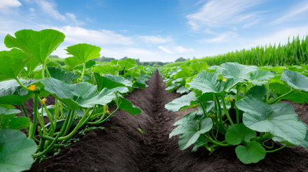 Zucchini plants thriving in dark soil under a blue sky, signifying growth and agricultureの素材