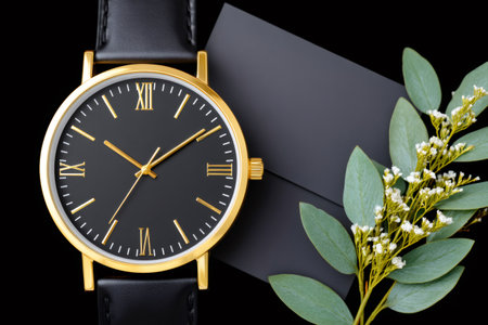 Elegant watch with a blank card and eucalyptus leaves on a black background, symbolizing time and celebrationの素材