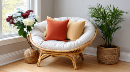 Rattan papasan chair with colorful cushions complementing indoor plants and natural lightの素材
