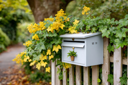 Mailbox receiving mail attached to a wooden fence covered with green ivy and yellow flowersの素材
