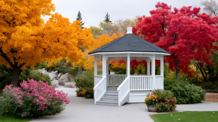 White gazebo standing among colorful trees and foliage in a serene park during autumnの素材
