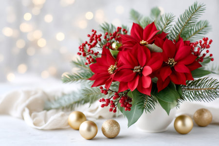 Poinsettia flowers and fir branches creating a holiday centerpiece with golden baublesの素材