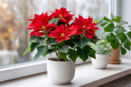 Poinsettia plant with bright red bracts adorning a windowsill, bringing a festive winter atmosphere indoorsの素材