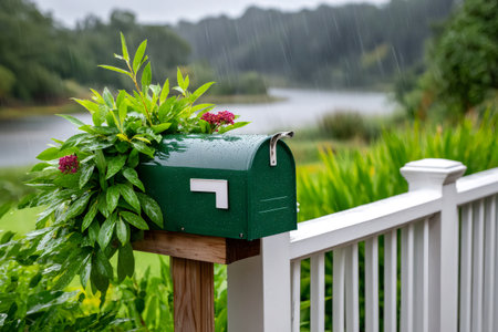 Green metal mailbox covered in raindrops with lush green plants flowing out, rain falling by a lakeの素材