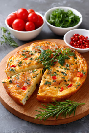 Frittata served on a wooden board with cherry tomatoes and herbsの素材