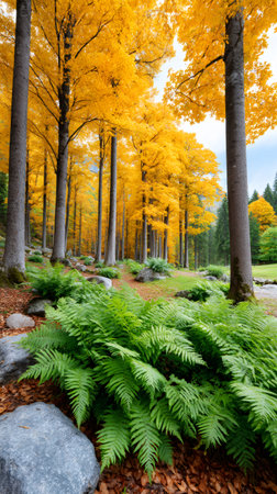 Forest showing tall trees with bright yellow leaves and lush green ferns on the groundの素材