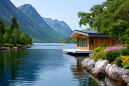 Modern wooden cabin with floating deck on a clear lake surrounded by mountains and green natureの素材