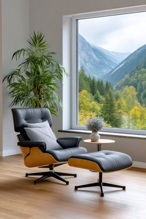 Eames lounge chair furnishing a modern interior providing comfort and relaxation with mountain viewsの素材