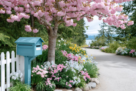 Blue mailbox standing by a blooming cherry blossom tree and colorful flower garden along a lakeside pathの素材