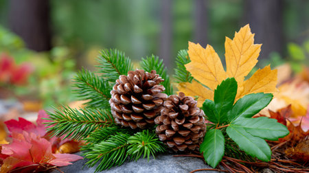 Two pinecones resting on spruce branches with colorful autumn leavesの素材