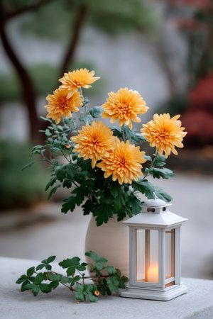 Orange chrysanthemums arranged in a vase with a white lantern holding a burning candleの素材