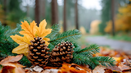 Pine cones and yellow maple leaves gathering on pine branches in an autumn forestの素材