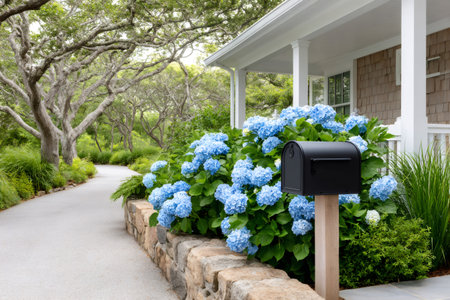 Black mailbox standing near blue hydrangeas and a stone wall by a garden pathwayの素材