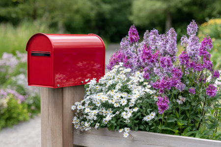 Red mailbox positioned next to a planter box filled with white daisies and purple flowering plantsの素材
