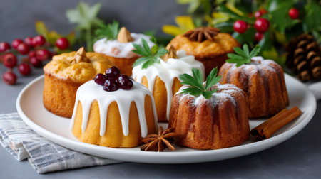 Assortment of decorative mini bundt cakes on a plate for a holiday celebrationの素材
